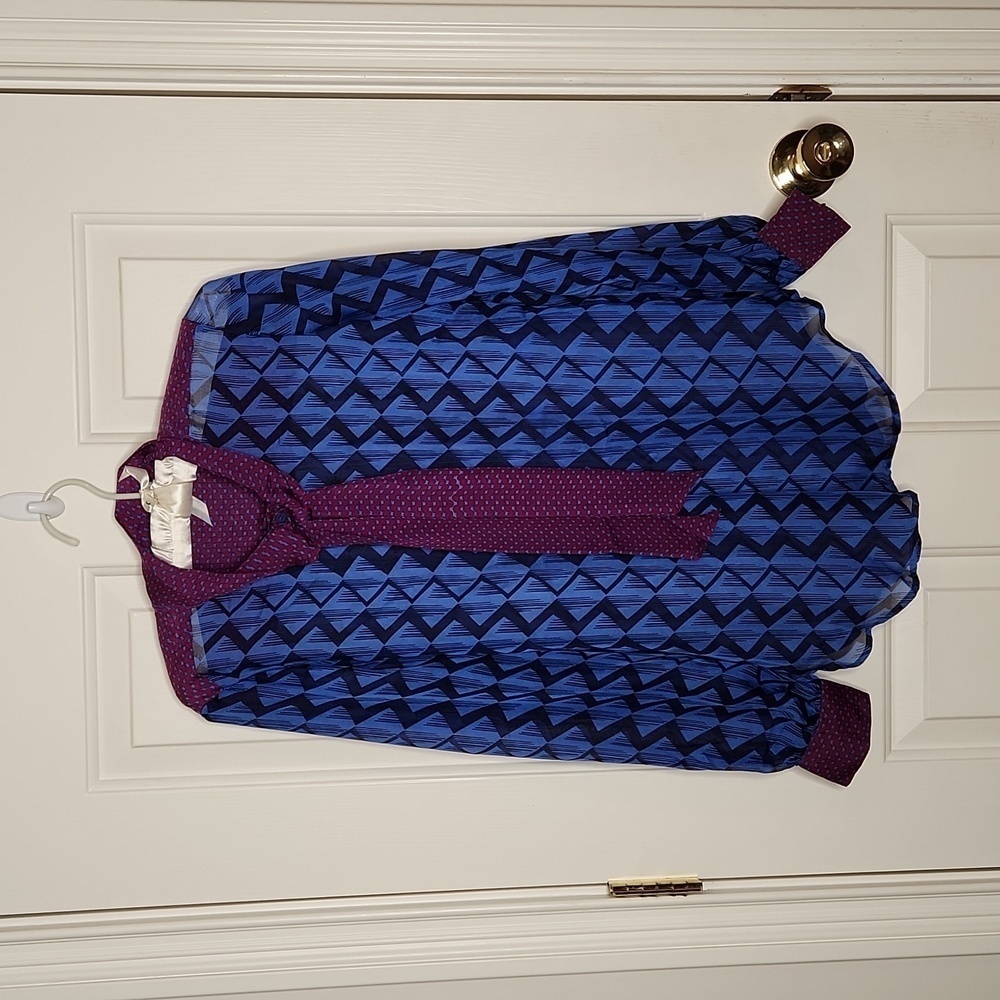 Hale Bob Blue and Purple Abstract Tie Neck Silk Top Size M - Picture 8 of 12